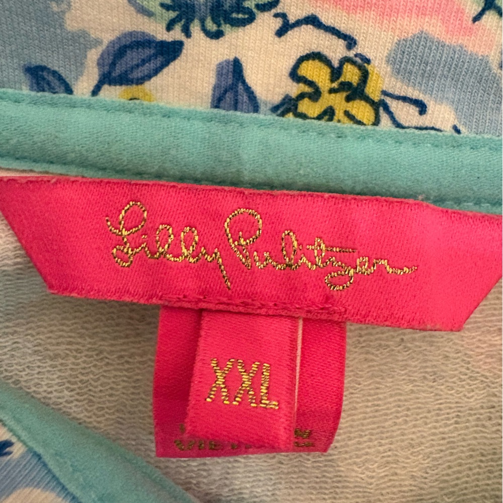 Lilly Pulitzer Quarter Zip- Pink & teal floral print with sea turtles. - Picture 2 of 12